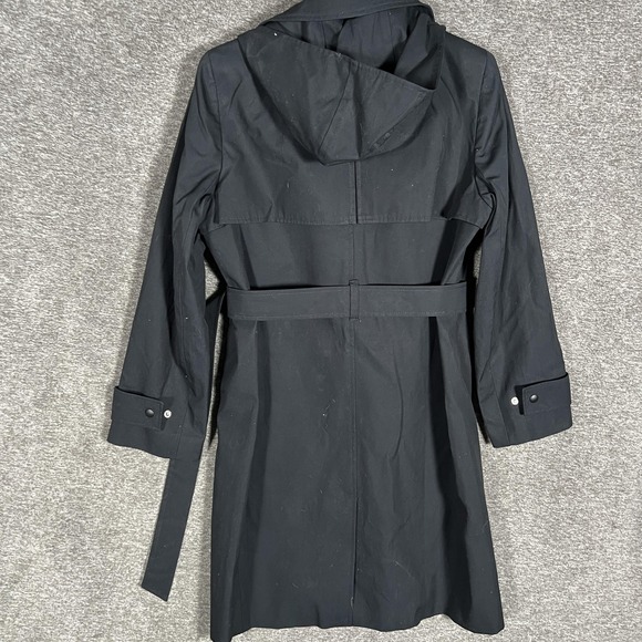J Crew Coat Womens 8 Black Belted Hooded Trench‎ Double Breasted Classic - Picture 6 of 8